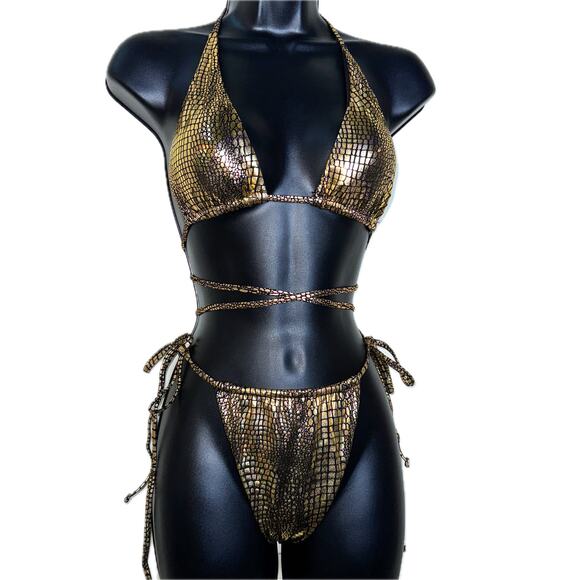 New Medium Metallic‎ Gold Fully Adjustable Bikini Swimsuit Set Triangle Padded - Picture 2 of 7